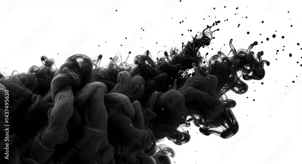 Poster abstract black ink cloud swirling against a stark white background creating dynamic compositions