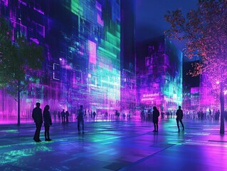 Futuristic city square with vibrant digital projections