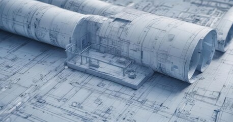 Architectural blueprint photo mockup; textured blue print effect, technical drafting design,  modern,  illustration
