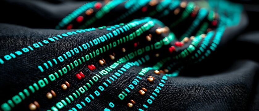 Dark fabric with binary code pattern in teal and red.