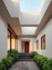 The entrance of a modern house with a skylight above it. the entrance has a wooden door and a set of stairs leading up to it.