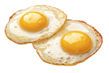 Two fried eggs with yellow yolks are isolated on a white background, a common breakfast food rich in protein
