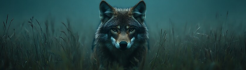 Fototapeta premium Intense coyote stalks amidst tall grass at dusk. Wildlife illustration, background