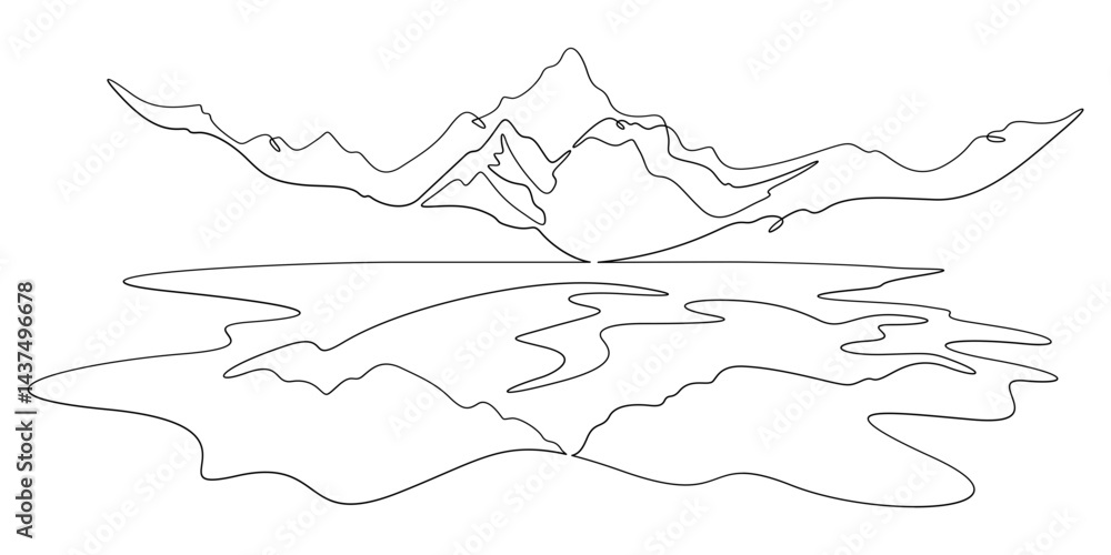 Poster continuous one line drawing mountain peak. a high mountain is reflected in a mountain lake. the land