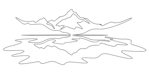 Continuous one line drawing mountain peak. A high mountain is reflected in a mountain lake. The landscape is reflected in the water.One continuous line isolated minimal illustration.Not AI.