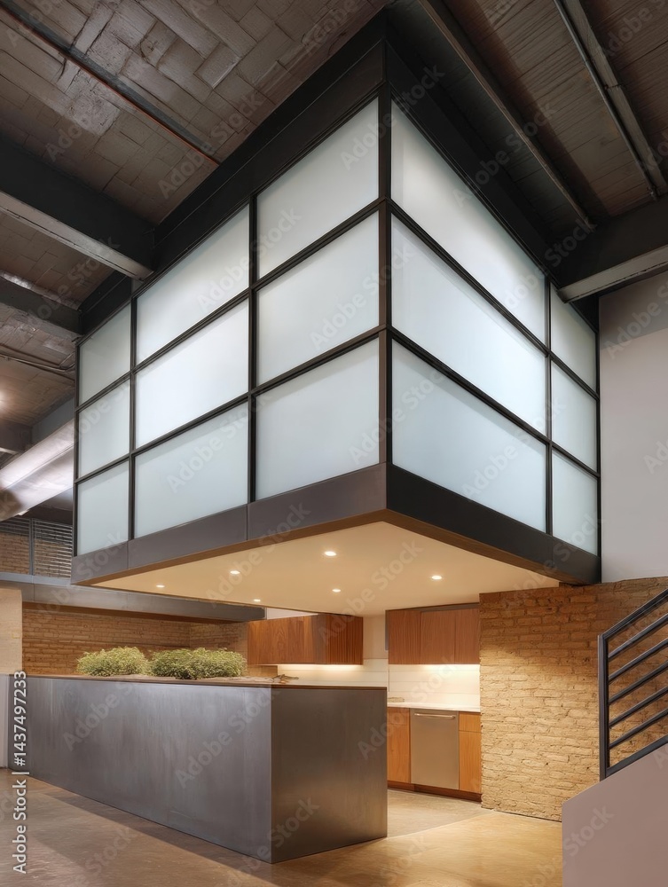 Poster modern and industrial-looking reception area in a modern building. the focal point of the image is a