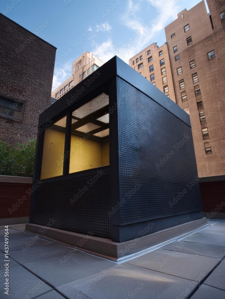 Poster small black building with a perforated design on the exterior. the building appears to be a small ki