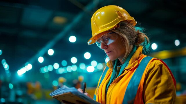 Female factory worker with safety glasses and yellow helmet taking notes inside a industrial environment with blurred lighting and machines.