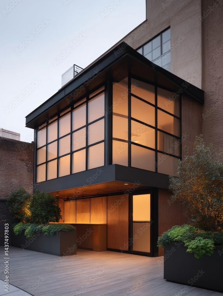 Poster modern two-story building with a unique design. the building has a black exterior with large glass w