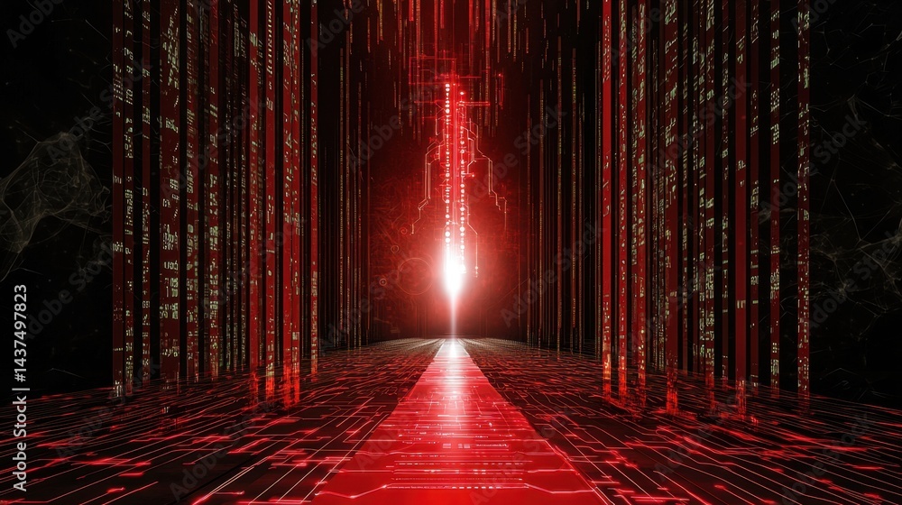 Poster stylized red matrix with digital noise and vertical code, futuristic tech vibe