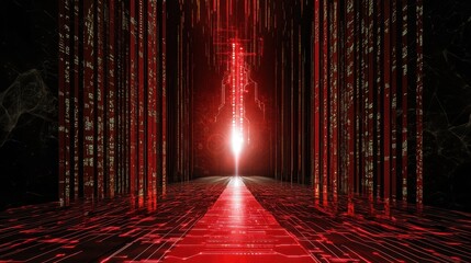Stylized red matrix with digital noise and vertical code, futuristic tech vibe