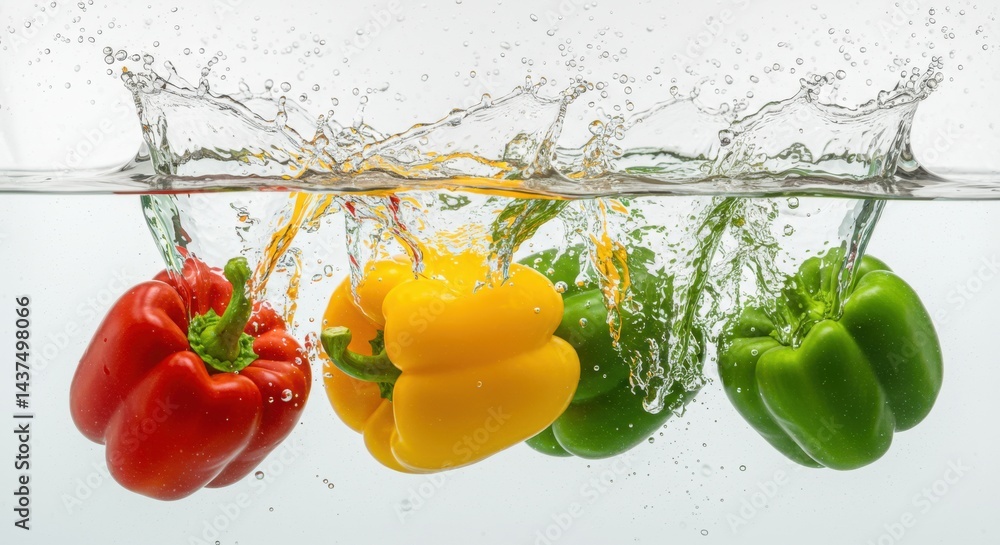 Poster colorful bell peppers splashing into water creating a dynamic and refreshing visual effect in studio