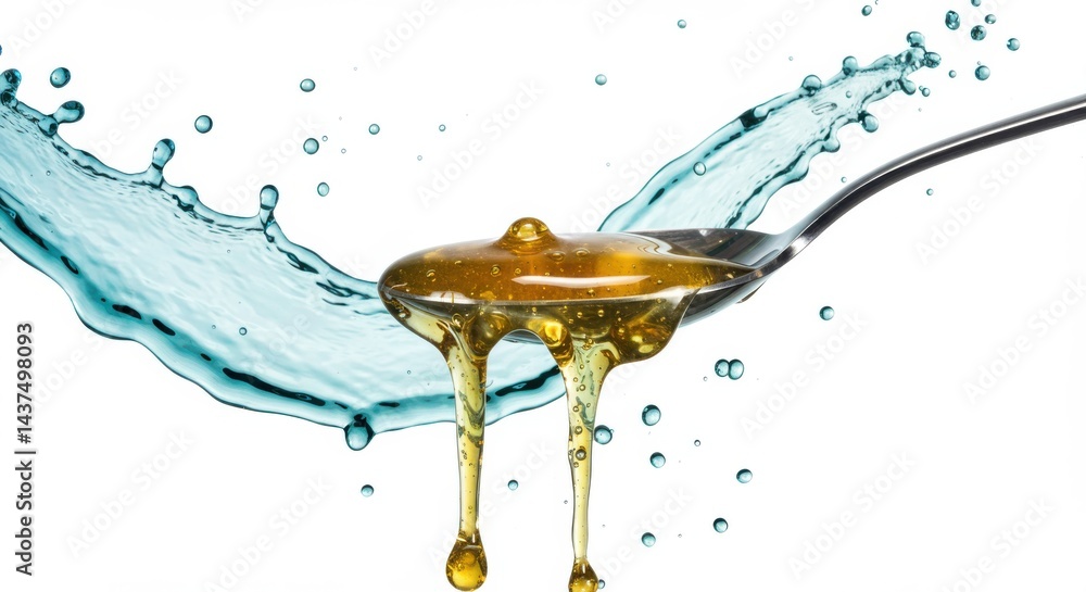 Poster a spoon holding honey with water splashing behind it on a white isolated background in a studio
