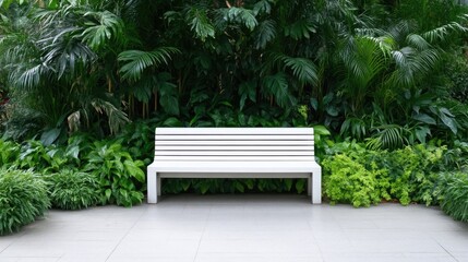 White Park Bench Lush Greenery Minimalist Style Bright Natural Light Centered Frontal View Simple Design Tranquil Setting Serene Green Tones Ideal for Relaxation Ads