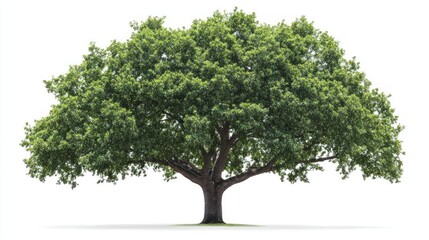 Lush green tree against a plain white background.  Full, healthy foliage and strong trunk