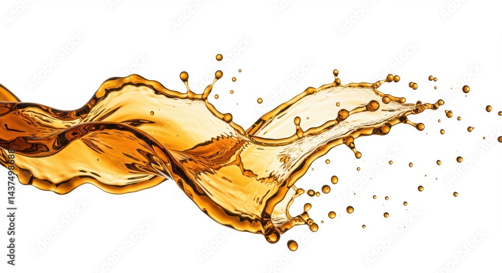 Poster a dynamic splash of amber liquid against a pristine white backdrop creating fluid movement and energ