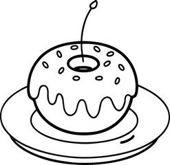 Sweet chocolate cake dessert illustration on a white plate Coloring Page.