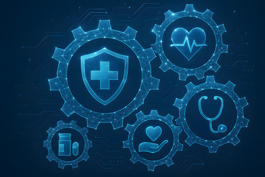 Healthcare System Integration: Interlocking gears representing healthcare services like insurance, medical care, prevention, and pharmaceuticals, all working together to provide holistic patient care.