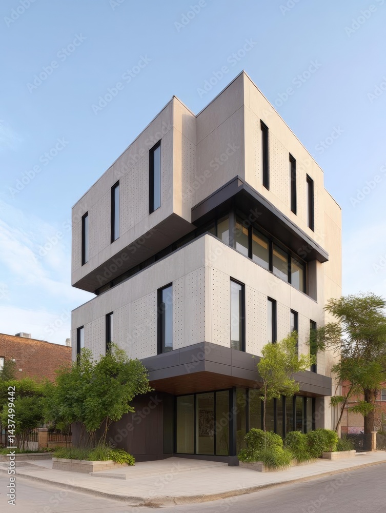 Poster modern two-story building with a unique architectural design. the building is located on a street co
