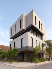 Obraz premium Modern two-story building with a unique architectural design. the building is located on a street corner with a sidewalk in front of it.