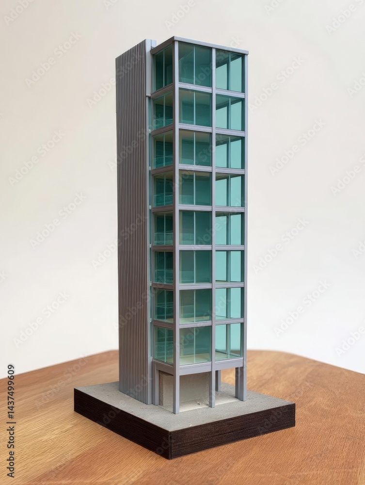 Poster 3d model of a tall, modern building. the building appears to be made of concrete or a similar materi