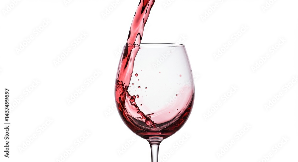 Poster pouring red wine into a clear glass with splashes on a white background in a studio shot image