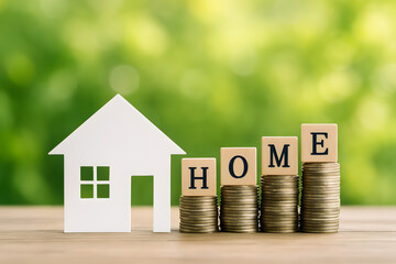 Real Estate Investment Concept: The image portrays a house symbol paired with a stack of coins and wooden blocks that spell "HOME".