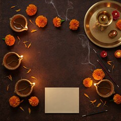 Top-down view of a Diwali or Hindu puja setting India. Features lit diyas, vibrant marigold flowers, smoking incense, and a brass ritual plate on a dark brown surface