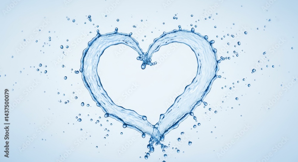 Poster a heart shape formed by splashing water droplets on a light blue gradient background image display