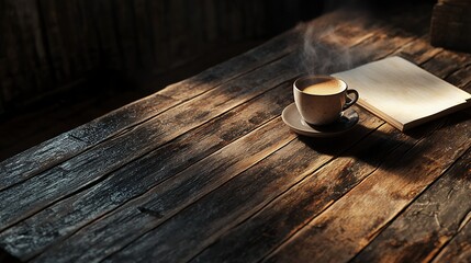 Vintage Morning Ritual: Coffee Steam Rising from Rustic Wooden Table Setting