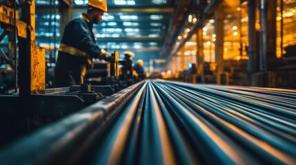 Factory worker amidst steel rods