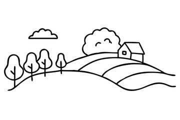 Rural Landscape Illustration, Countryside Scenery Sketch, Nature View Drawing