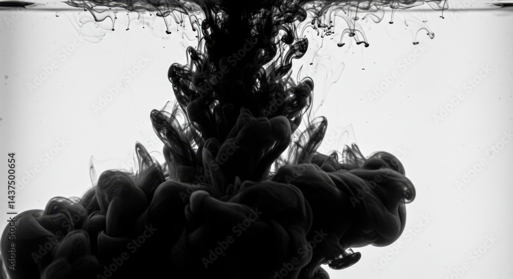 Poster black ink spreading and swirling in water creating abstract patterns in a monochrome image