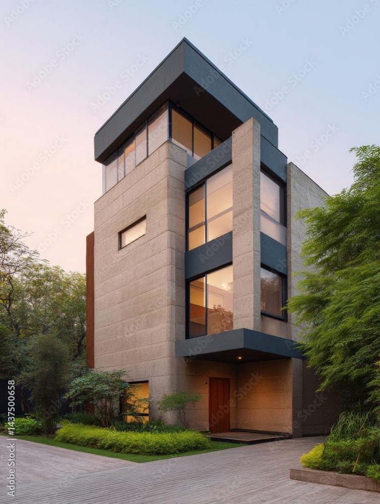 Poster modern two-story building with a unique architectural design. the building is made of concrete and h