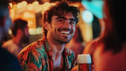 Man smiling and enjoying a beer at a lively party background  