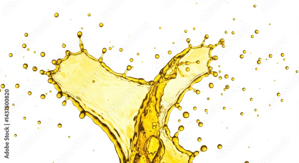Poster golden liquid splash with droplets isolated on a white background creating a dynamic effect of motio