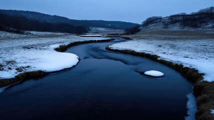 Fototapeta premium Winter stream winding through snowy landscape