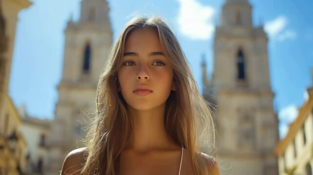 A woman with long blonde hair stands in front of a large building. She is smiling and looking directly at the camera. Concept of happiness and confidence