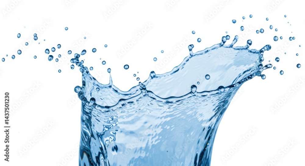 Poster a dynamic water splash with droplets suspended in air against a white background creating movement