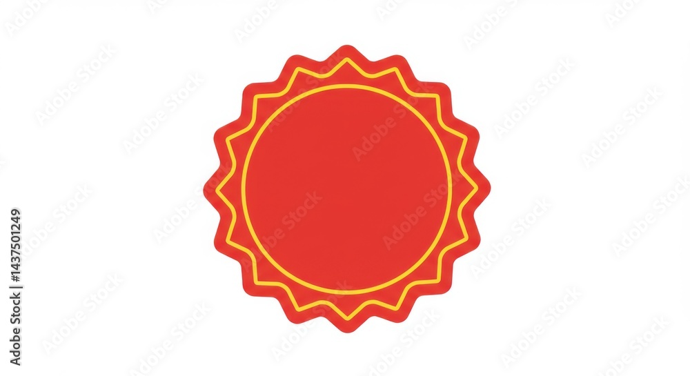 Poster a red circular badge with wavy edges and a yellow border on a plain white background simple design