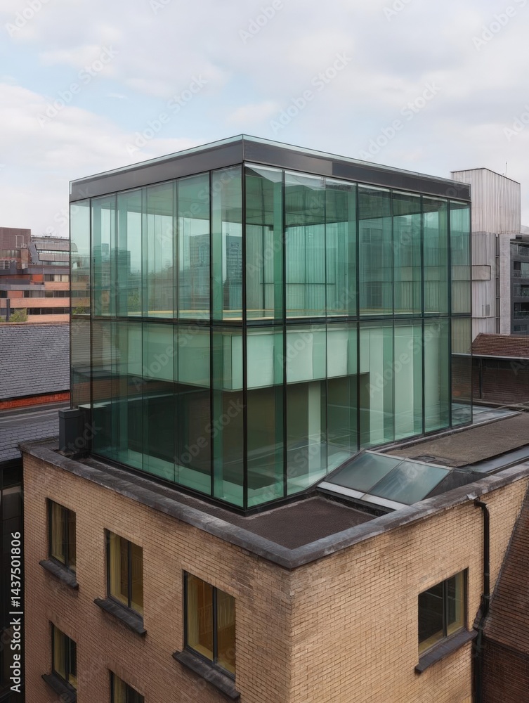 Poster Modern building with a large glass facade on top of a brick building. the building appears to be a mixed-use development with other buildings visible in the background.