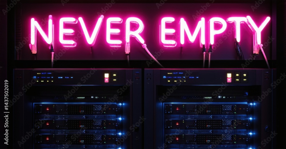 Poster bright pink neon sign displays never empty above server racks. dark data center environment with ill