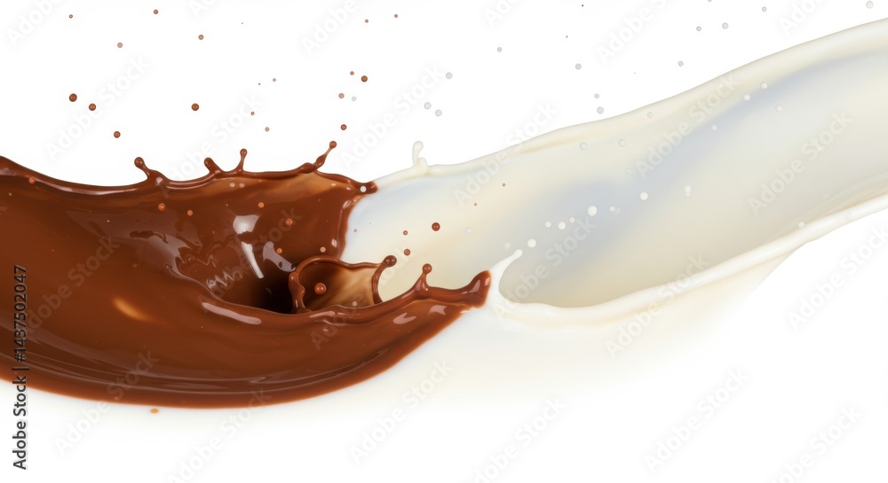 Aufkleber chocolate and milk colliding in a dynamic splash against a clean white background creating a swirl
