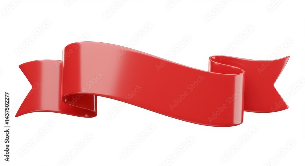 Poster a glossy red ribbon banner with curved edges isolated on a plain white background in a studio shot