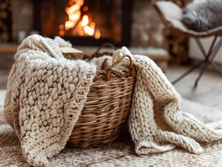 Obraz premium Woven basket mockup overflowing with knitted blankets by a fireplace