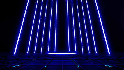 Fototapeta premium 3d render, Abstract technology futuristic neon blue laser lines with glowing stage in sci fi dark room