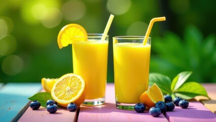Fototapeta premium Refreshing Citrus and Blueberry Smoothie Delight on a Sunny Day