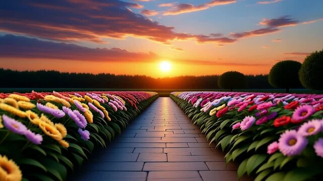 Sunset blooms in garden. Rows of vibrant flowers line a stone path as the sun sets, casting a warm glow over the blooming garden landscape.