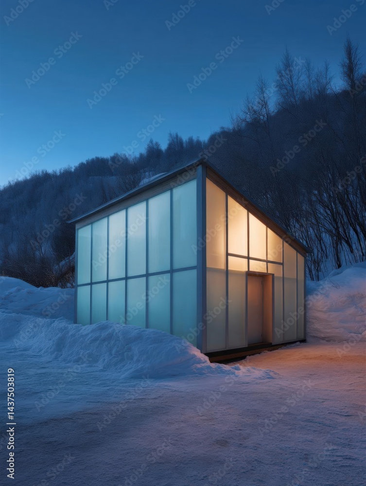 Poster small, modern building with a triangular roof and a glass facade. the building is located in a snowy