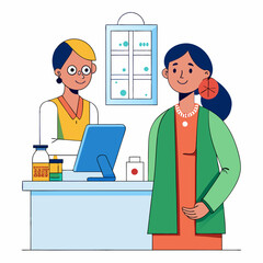 Fototapeta premium Minimalist line art of Indian pharmacist behind the counter filling a prescription, professional, healthcare service in pharmacy.